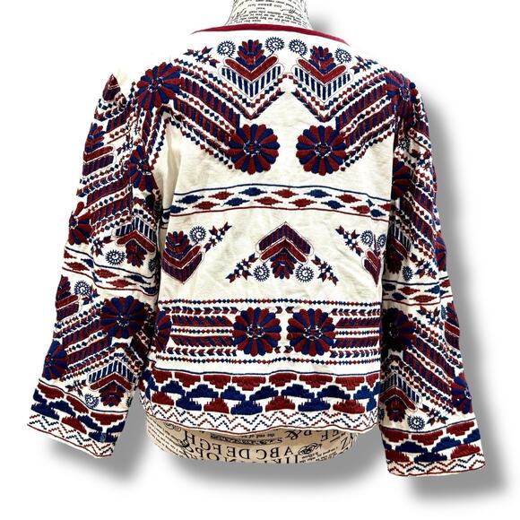 Anthropologie Size M Greenwich White Purple 100% Cotton Embroidered Jacket Aztec - Picture 6 of 6